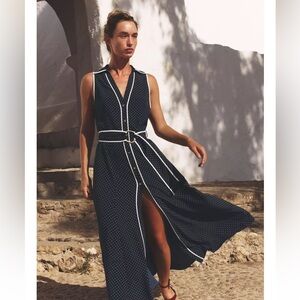 NWT Zara Navy Polka Dot Midi Lapel V-Neck Belted Dress w Slit Buttons Sz Medium